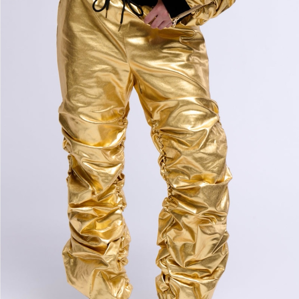 AKIRA Clothing Shiny Gold Ruched Festival Streetwear Jogger Pants